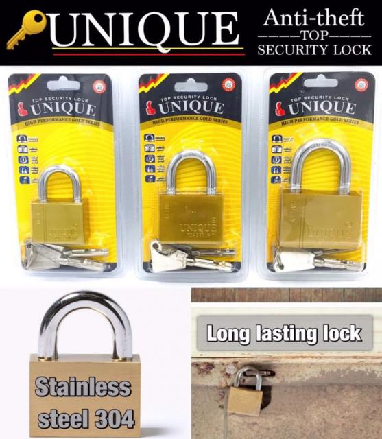 UNIQUE SECURITY LOCK กุญแจคล้องสแตนเลส สีทอง พร้อมลูกกุญแจ ล็อคประตู กันขโมย ตัวคล้องหนา ราคาส่ง 55/70/90 บาท