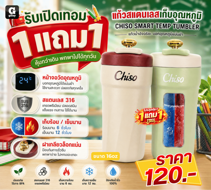 CHISO SMART TEMP TUMBLER แก้วสแตนเลสเก็บอุณหภูมิ ซื้อ 1 แถม 1