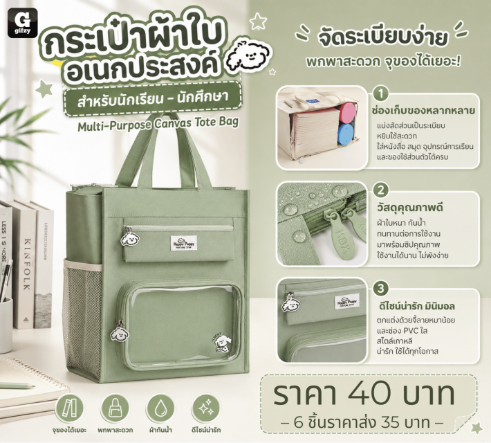 Multi Purpose Canvas Tote Bag กระเป๋าผ้าอเนกประสงค์ ราคาส่ง 35 บาท