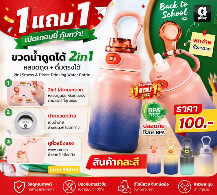 2in1 Drinking Water Bottle กระบอกน้ำเก็บอุณหภูมิ ซื้อ 1 แถม 1