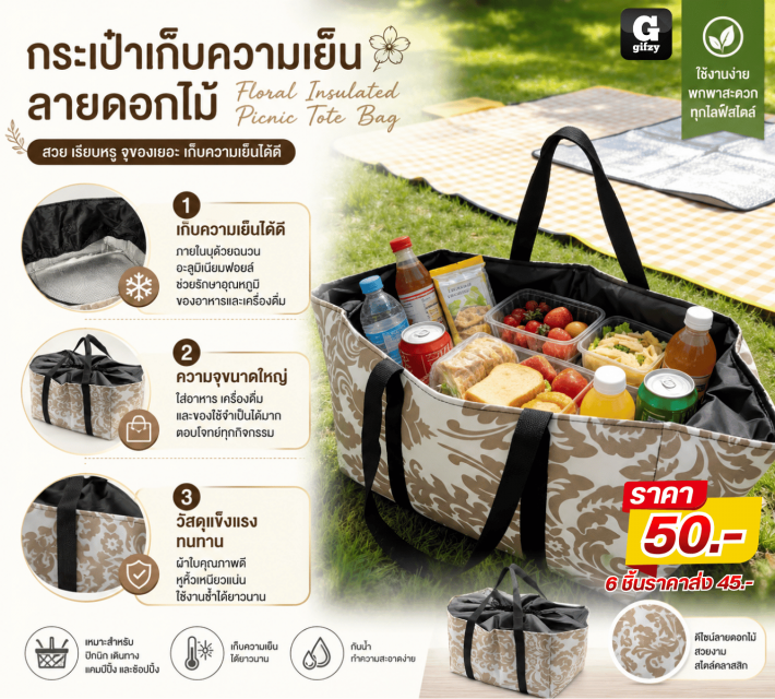 Floral Insulated Tote Bag กระเป๋าเก็บความเย็น ราคาส่ง 45 บาท