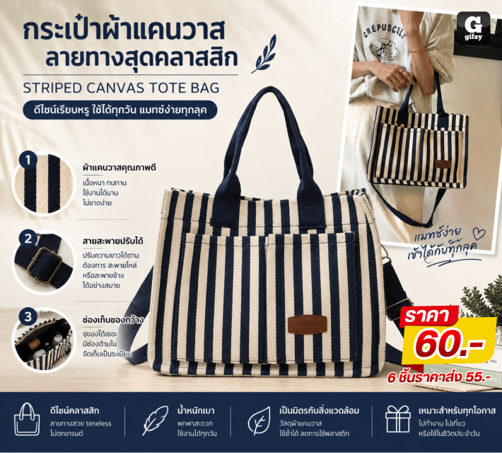 STRIPED CANVAS TOTE BAG กระเป๋าผ้าแคนวาสลายทาง ราคาส่ง 55 บาท