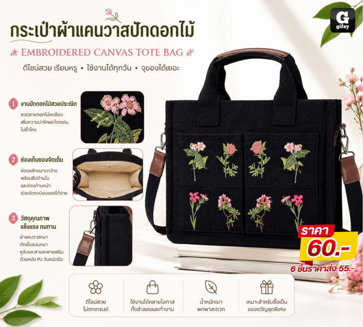 EMBROIDERED CANVAS TOTE BAG กระเป๋าผ้าแคนวาส ราคาส่ง 55 บาท