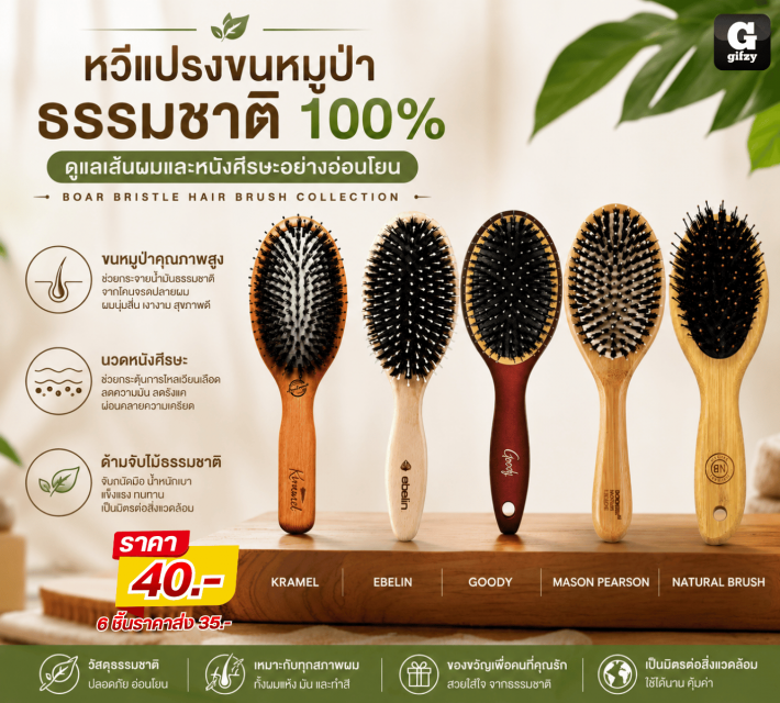 BOAR BRISTLE HAIR BRUSH หวีแปรงขนหมูป่าธรรมชาติ รา
