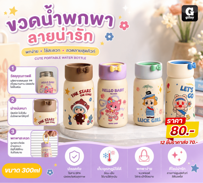 CUTE PORTABLE WATER BOTTLE ขวดน้ำพกพาลายน่ารัก ราค