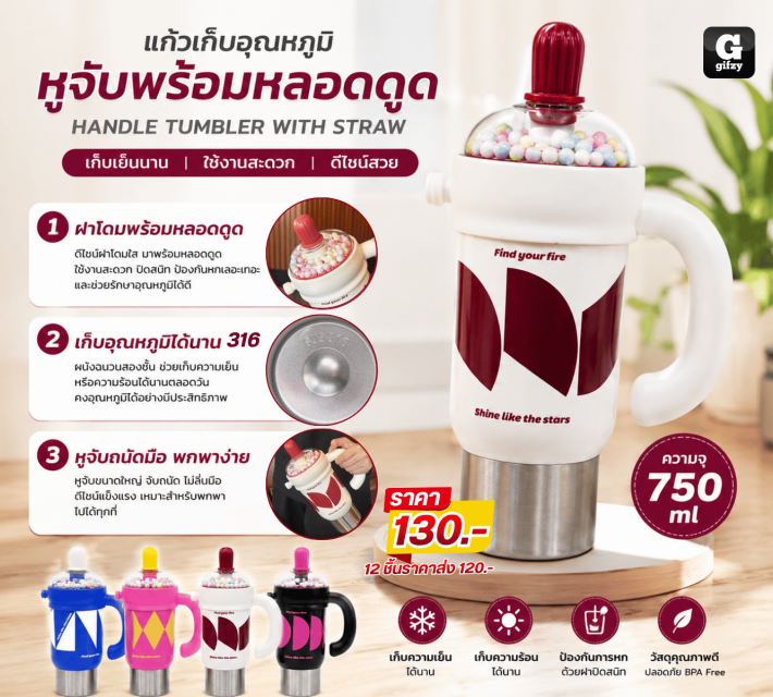 HANDLE TUMBLER WITH STRAW แก้วเก็บอุณหภูมิหูจับ
