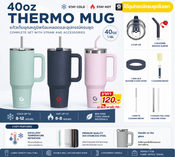40oz THERMO MUG แก้วเก็บอุณหภูมิพร้อมหลอด