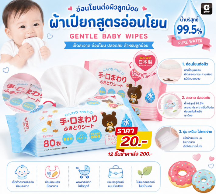 GENTLE BABY WIPES ผ้าเปียกสูตรอ่อนโยน 12 ชิ้น