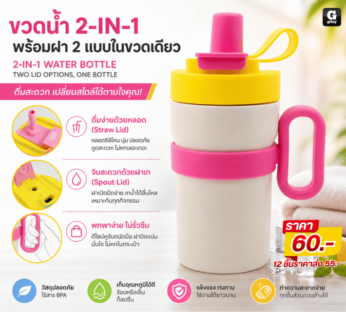 2IN1 WATER BOTTLE ขวดน้ำพร้อมฝา 2 แบบในขวดเดียว