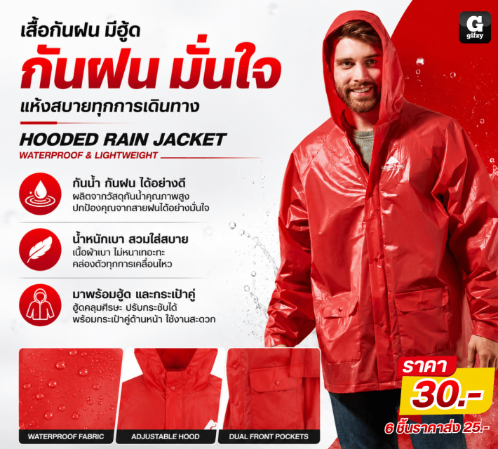 HOODED RAIN JACKET เสื้อกันฝนมีฮู้ด ราคาส่ง 25 บาท