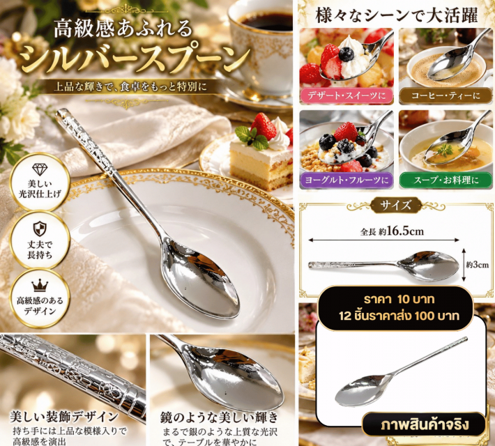 Elegant Silver Spoon ช้อนสแตนเลสสีเงินลายหรู12ชิ้น