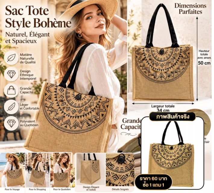 Bohemian Tote Bag กระเป๋าผ้าสะพาย ซื้อ 1 แถม 1