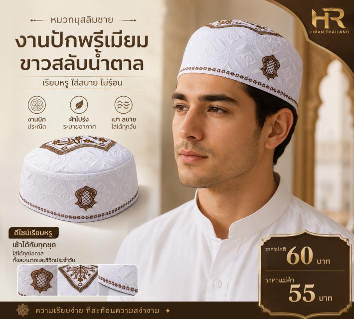 Men White Brown Kufi หมวกกุฟีชาย ปักขาวน้ำตาล ราคา