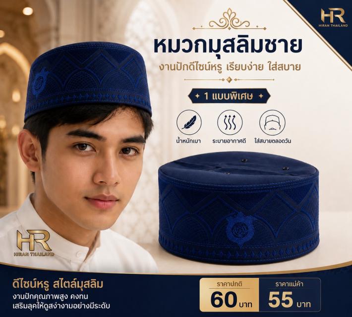 Men Navy Embroidered Kufi หมวกกุฟีชาย ปักลายน้ำเงิ