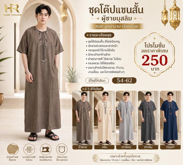 Men Short Sleeve Thobe ชุดโต๊บมุสลิมแขนสั้น ราคาเพ