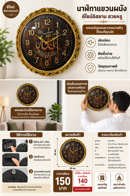 Luxury Islamic Wall Clock นาฬิกาอิสลามกรอบหรู ราคา